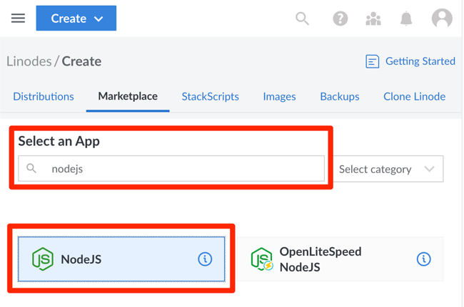 Select the Node.js Marketplace App